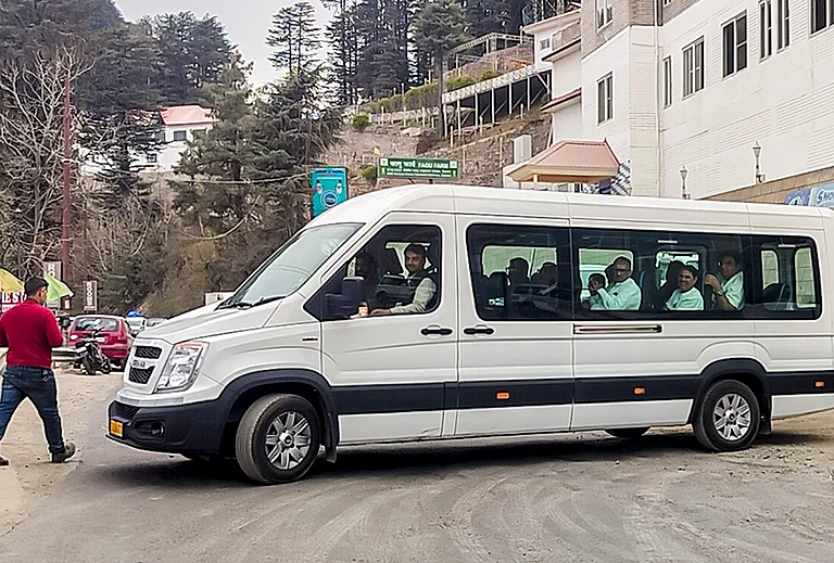 Congress leaders leave for Chail ahead of the polling for two Rajya Sabha seats in Haryana, in an attempt to keep the flock together, in Shimla. - | Photo: PTI