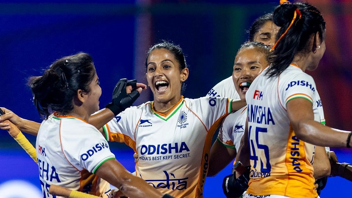 India celebrate a goal against Italy in the FIH Women's World Cup 2026 Qualifiers semi-final in Hyderabad. - Photo: Hockey India