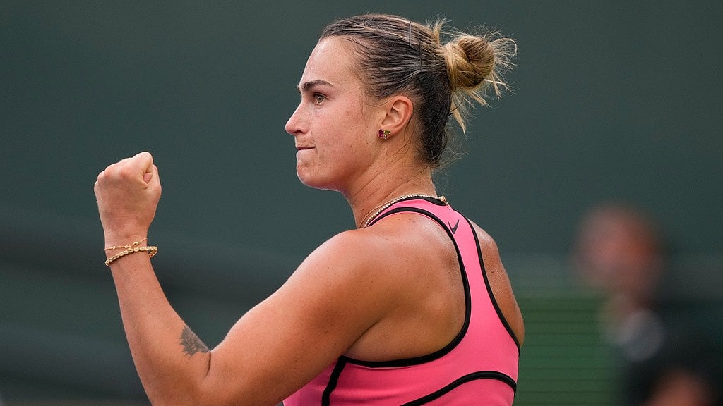 Aryna Sabalenka, of Belarus, reacts after winning a game against Linda Noskova, of the Czech Republic, during a semifinal match at the BNP Paribas Open tennis tournament, Friday, March 13, 2026, in Indian Wells, Calif. - AP Photo/Mark J. Terrill