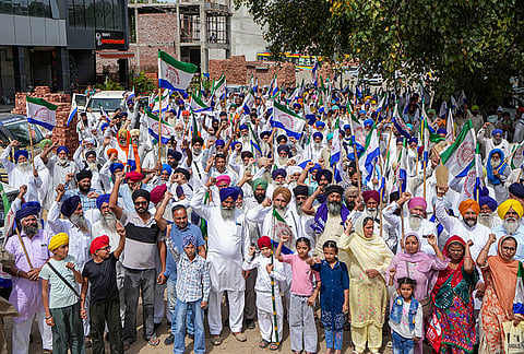 Kisan Mazdoor Sangharsh Committee members stage a protest against the union government, in Amritsar.