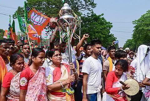 BJP supporters en route to Brigade Parade Ground for Prime Minister Narendra Modi’s rally, in Kolkata.