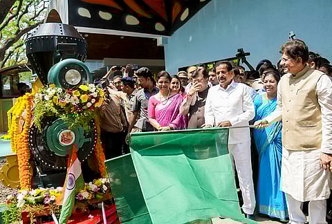 Union Minister of Commerce & Industry Piyush Goyal flags off the the 'Vanrani Mini Train' at Sanjay Gandhi National Park, in Mumbai.