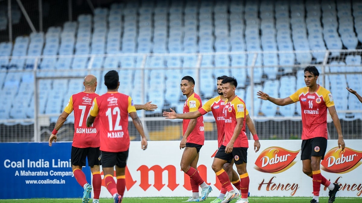 East Bengal footballers celebrating their goal against Kerala Blasters in Kolkata during ISL 2025-26.  - null