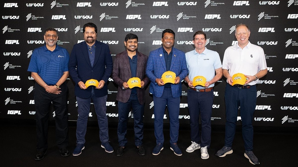 From left: Rahul Singh, Head of The International Series; Uttam Singh Mundy, CEO of IGPL; Mani Indhar, Head of IGPL International Partnerships; IGPL Owner and tennis icon Leander Paes; Scott O’Neil, CEO of LIV Golf; and Ross Hallett, Head of Events, LIV Golf - Special Arrangement