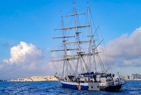Indian Naval Sail Training Ship INS Sudarshini during its transoceanic expedition Lokayan-26, arrives at the port of Valletta, Malta. 