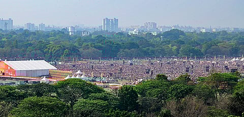 An aerial view of  BJP supporters gathered during the Prime Minister Narendra Modi’s rally, at Brigade Parade Ground in Kolkata.