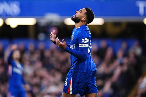 Chelsea's Reece James rues a missed chance during the Premier League match between Chelsea and Newcastle, in London.