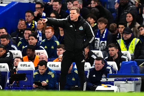 Newcastle United manager Eddie Howe gives instructions during the Premier League match between Chelsea and Newcastle, in London.