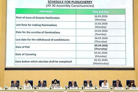 Chief Election Commissioner Gyanesh Kumar, centre, with Election Commissioners S S Sandhu and Vivek Joshi during a press conference to announce the Assembly election schedule for West Bengal, Tamil Nadu, Kerala, Assam and Puducherry, at Vigyan Bhawan in New Delhi.