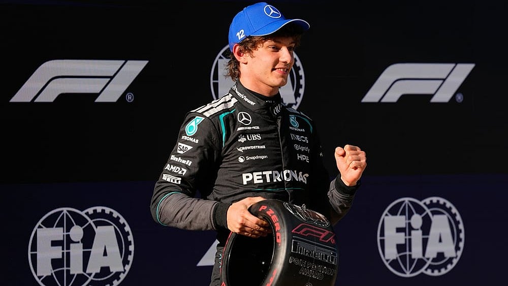 Mercedes driver Andrea Kimi Antonelli of Italy gestures after getting the pole position during the qualifying session of the Chinese Formula One Grand Prix at the Shanghai International Circuit, in Shanghai, China. - | Photo: AP/Vincent Thian