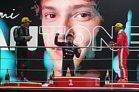 F1 Chinese Grand Prix 2026: Mercedes Roar In Shanghai As Antonelli Wins In Crash-laden Race Photo: AP/Andy Wong : Race winner Mercedes driver Andrea Kimi Antonelli of Italy, center, celebrates on the podium with second placed Mercedes driver George Russell of Britain, left, and third placed Ferrari driver Lewis Hamilton of Britain after the Chinese Formula One Grand Prix race at the Shanghai International Circuit, in Shanghai, China.