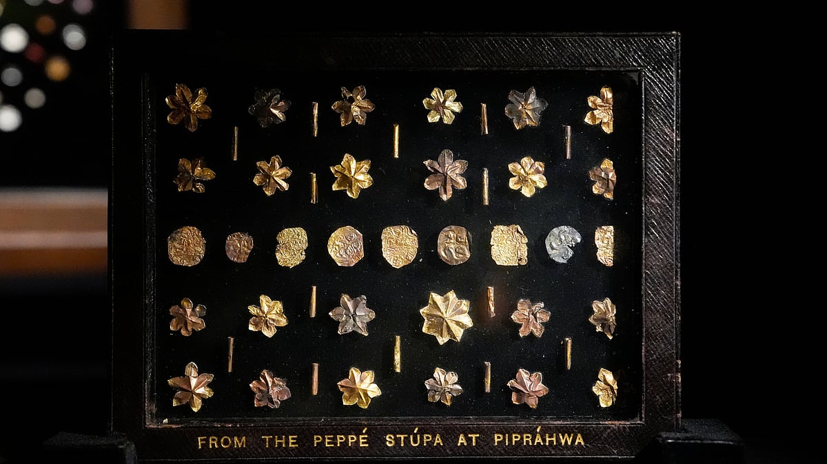 A few  of the relics that were taken out of the country by Peppe and repatriated in 2025. 
In 1898, William Claxton Peppé discovered the Piprahwa gem relics, which led to 349 gem relics being placed under his custody. A significant portion of these relics became part of the Imperial Museum in Calcutta, now known as the Indian Museum in Kolkata. The museum classified these relics as ‘AA’ antiquities, which prohibited their sale and restricted their movement. However, they are now displayed in this magnificent exhibition for the first time and reunited with the repatriated gem relics which were once taken away from India by the Peppé family. These gems, made from semiprecious stones, pearls, and beads, are shaped into emblems such as the tri-ratna, bird, leaf, and lotus motifs. Alongside these gems are numerous pieces of gold and silver leaf, some of which are impressed with crosses, lions, and early Buddhist symbols. Among the unique pieces is a group of tiny ornaments referred to as “star-shaped flowers” by Harry Falk. These jewels were carved from small, flat stone cones, hollowed at the centre and shaped into six or more petals by meticulously sawing the stone between them. This process required great skill and precision. Each ornament has a central perforation, indicating that they were initially strung, possibly as part of a necklace, garland, or decorative textile. A faint circular mark where the petals meet suggests that they were shaped using a thread saw, a delicate ancient tool. - Photo: Vikram Sharma