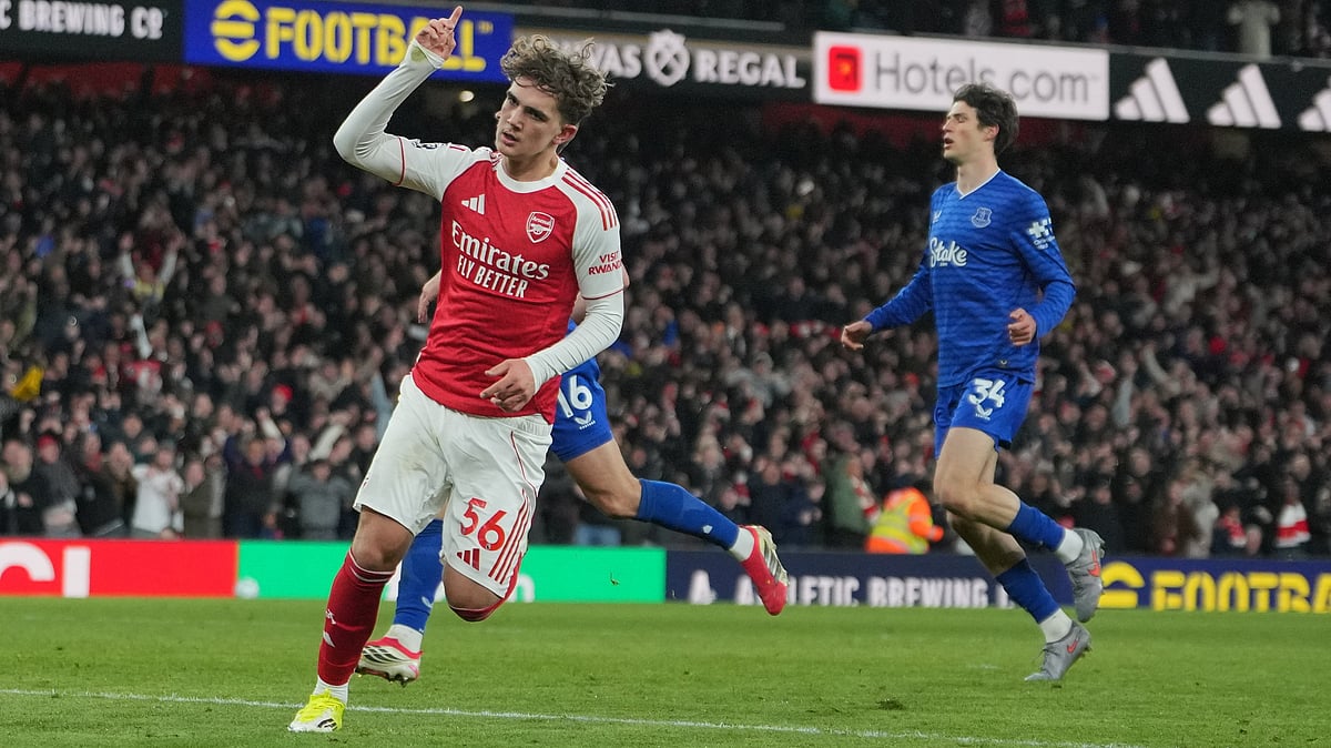 Arsenal's Max Dowman celebrates after scoring during the English Premier League soccer match between Arsenal and Everton in London, England, Saturday, March 14, 2026.  - | Photo: AP/Kin Cheung