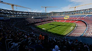 | Photo: AP/Joan Monfort : A general view of the Camp Nou stadium in Barcelona, Spain, on Nov. 7, 2025.