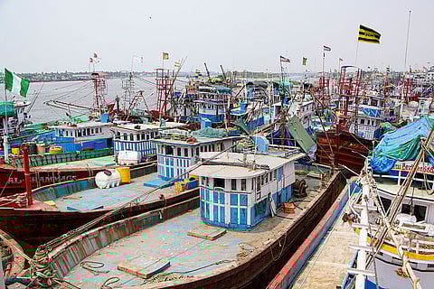 Fishing boats remain docked at the Old Port amid crisis of LPG supply affecting coastal fishing operations, in Mangaluru.