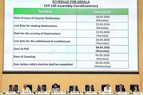 Chief Election Commissioner Gyanesh Kumar, centre, with Election Commissioners S S Sandhu and Vivek Joshi during a press conference to announce the Assembly election schedule for West Bengal, Tamil Nadu, Kerala, Assam and Puducherry, at Vigyan Bhawan in New Delhi.