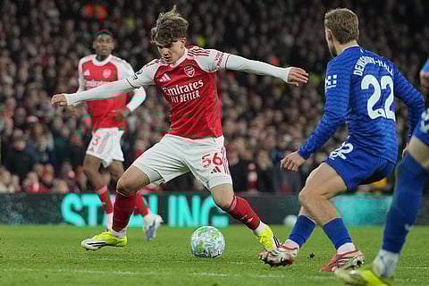 Arsenal's Max Dowman in action during the English Premier League soccer match between Arsenal and Everton in London, England.