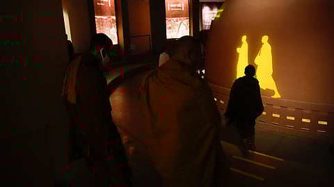 A group of Busshist  monks from Cambodia at the exposition. Buddhist devotees from all over the world have been visiting the exposition  and worshipping the Sacred relics at the exhibition.