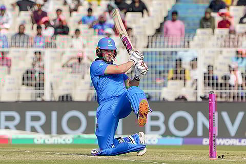 Italy's Gian-Piero Meade plays a shot during the ICC Men's T20 World Cup 2026 cricket match between Italy and West Indies, at Eden Gardens, in Kolkata.