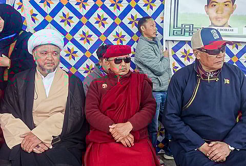 Ladakh Buddhist Association President Chering Lakrook, right, with other leaders during a protest demanding inclusion under the Sixth Schedule of the Constitution, in Leh, Ladakh.