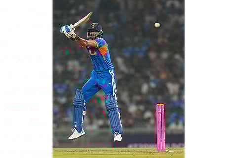 India's Axar Patel plays a shot during the ICC Men's T20 World Cup warm-up cricket match between India and South Africa, at the DY Patil Sports Academy, in Navi Mumbai.