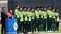 BAN Vs PAK, 3rd ODI: Pakistan Lodge Complaint After Bangladesh Review In Final Over (AP Photo/Mahmud Hossain Opu) : Pakistan's players stand up for the national anthem before the start of the first one day international cricket match between Bangladesh and Pakistan in Mirpur, Bangladesh, Wednesday, March 11, 2026.
