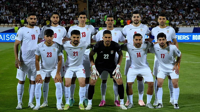 FILE - Iran players pose for a team photo before an Asian group A qualifying soccer match against North Korea for the 2026 World Cup, June 10, 2025, at Azadi Stadium in Tehran, Iran. - (AP Photo/Vahid Salemi, file)