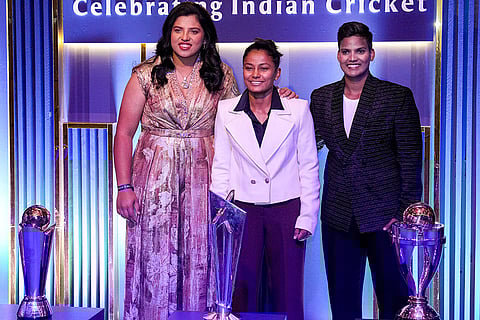 Indian women's cricket team players Deepti Sharma, right, Richa Ghosh, left, and Uma Chetry during the BCCI Naman Awards 2026, in New Delhi.