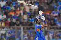 | Photo: PTI/Kunal Patil : India's Hardik Pandya loses his grip on the bat during the ICC Men's T20 World Cup 2026 second semifinal cricket match between India and England at Wankhede Stadium, in Mumbai.