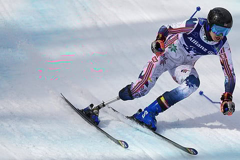 Bernt Marius Roerstad, of Norway, competes in the alpine skiing men's super-G standing final at the 2026 Winter Paralympics, in Cortina d'Ampezzo, Italy.