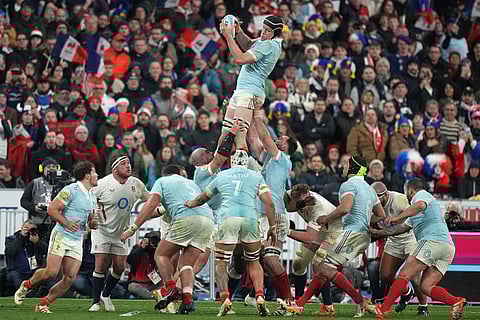 Thibaud Flament of France wins a line out during the Six Nations rugby union match between France and England in Saint-Denis, outside Paris.