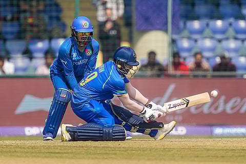 UAE's Muhammad Arfan plays a shot during the ICC Men's T20 World Cup 2026 cricket match between Afghanistan and UAE, at Arun Jaitley Stadium, in New Delhi.