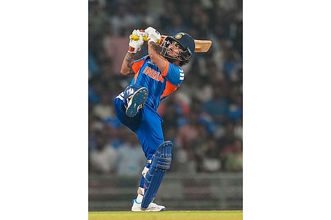India's Ishan Kishan plays a shot during the ICC Men's T20 World Cup warm-up cricket match between India and South Africa, at the DY Patil Sports Academy, in Navi Mumbai.