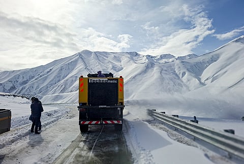 A serene view of the snow-covered mountains, in Srinagar. Most higher reaches of Kashmir received moderate to heavy snowfall, while the plains were lashed by rains, disrupting vehicular movement in some stretches. 