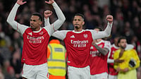| Photo: AP/Kin Cheung : Arsenal's Gabriel, left, and William Saliba celebrate after the English Premier League soccer match between Arsenal and Everton in London, England, Saturday, March 14, 2026. 