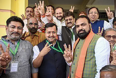 Bihar Deputy Chief Minister Samrat Choudhary, right front, with BJP National President and NDA candidate Nitin Nabin, centre front, during voting in the Rajya Sabha polls, at Vidhan Sabha in Patna.