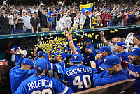 Venezuela Vs Japan, World Baseball Classic 2026: Shohei Ohtani And Co Suffer Heartbreak; South Americans Seal SF Berth | Photo: AP/Lynne Sladky : Venezuela team celebrate their victory over Japan after a World Baseball Classic quarterfinal game in Miami.