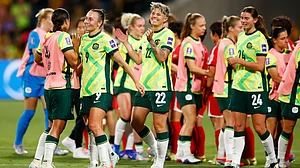 | Photo: AP/Gary Day : Australian players react following the Women's Asian Cup quarterfinal soccer match between Australia and North Korea in Perth, Australia, Friday, March 13, 2026.