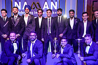 | Photo: PTI/Kamal Kishore : Indian men's cricket team captain Suryakumar Yadav with teammates during the BCCI Naman Awards 2026, in New Delhi.