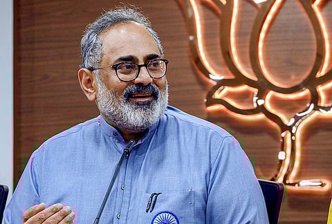 Kerala BJP state president Rajeev Chandrasekhar during a press conference, in Thiruvananthapururapam.
