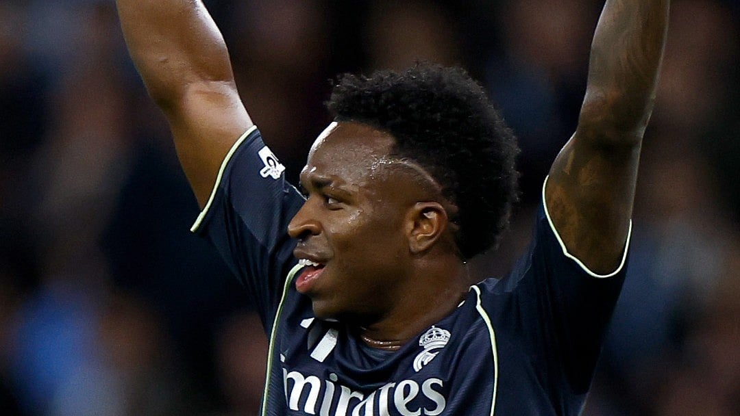 Vinicius Jr celebrates after scoring against Manchester City in the UEFA Champions League 2025-26 round of 16 clash.  - realmadrid/X