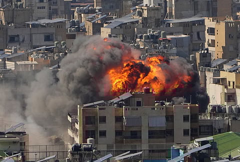 Flames rise after an Israeli airstrike in Dahiyeh Beirut's southern suburbs, Monday, March 9, 2026. 