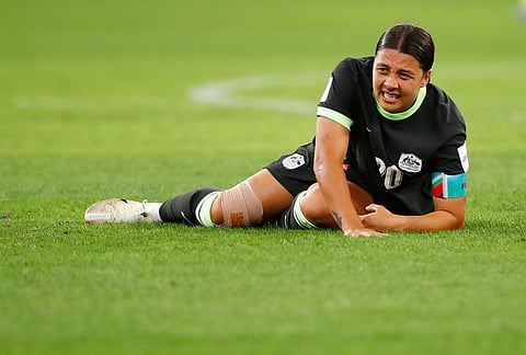 Australia's Sam Kerr reacts during the Women's Asian Cup semifinal soccer match between China and Australia in Perth, Australia.