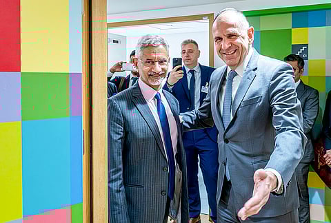 Union External Affairs Minister S Jaishankar, right, interacts with Greece Minister of Foreign Affairs Giorgos Gerapetritis during a meeting, in Brussels, Belgium. 