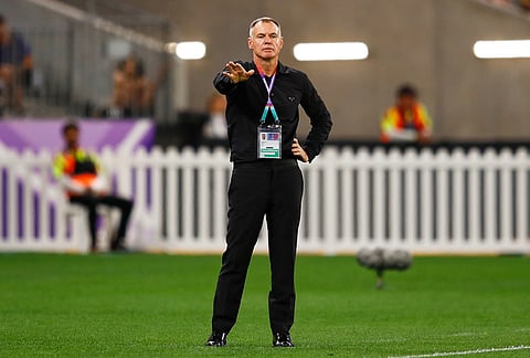 China coach Anthony Milicic reacts during the Women's Asian Cup semifinal soccer match between China and Australia in Perth, Australia.
