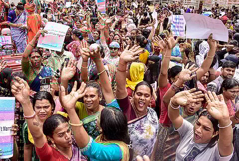 Members of the Odisha Transgenders Association stage a demonstration near the Odisha Assembly during the Budget session, demanding withdrawal of the Centre's proposed Transgender Persons (Protection of Rights) Amendment Bill, in Bhubaneswar.