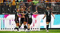 AP : Sam Kerr, second left, is congratulated by teammates after scoring her team's second goal during the Women's Asian Cup semi-final between China and Australia in Perth, Australia.