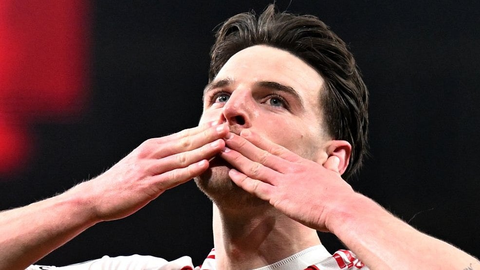 Declan Rice celebrating after scoring against Bayer Leverkusen in UEFA Champions League 2025-26 round of 16.  - ChampionsLeague/X