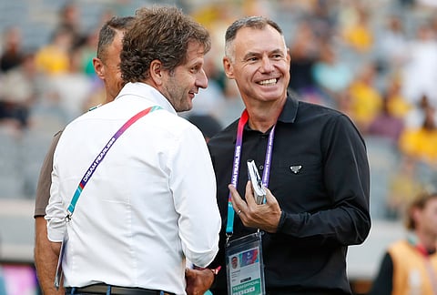 Australia's coach Joe Montemurro, left, and China's coach Anthony Milicic talk ahead of the Women's Asian Cup semifinal soccer match between China and Australia in Perth, Australia.