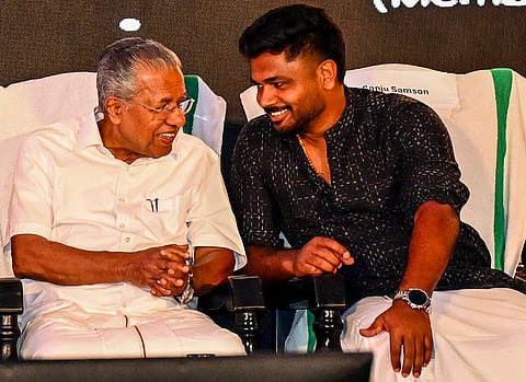 Kerala Chief Minister Pinarayi Vijayan and cricketer Sanju Samson during an event organised by the Kerala Cricket Association, in Thiruvananthapuram.